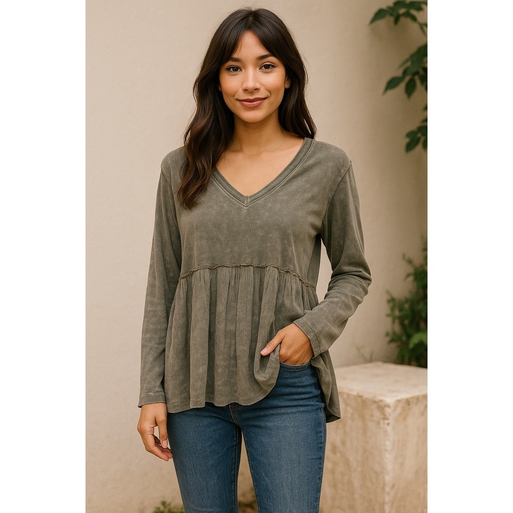 Altar'd State Olive Green Washed Long Sleeve Peplum‎ Tunic Top Medium